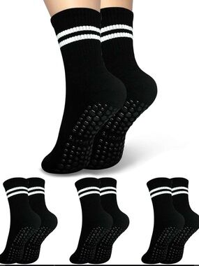 Non-Slip Black Athletic Crew Socks with White Stripes- Package of 4 pairs.